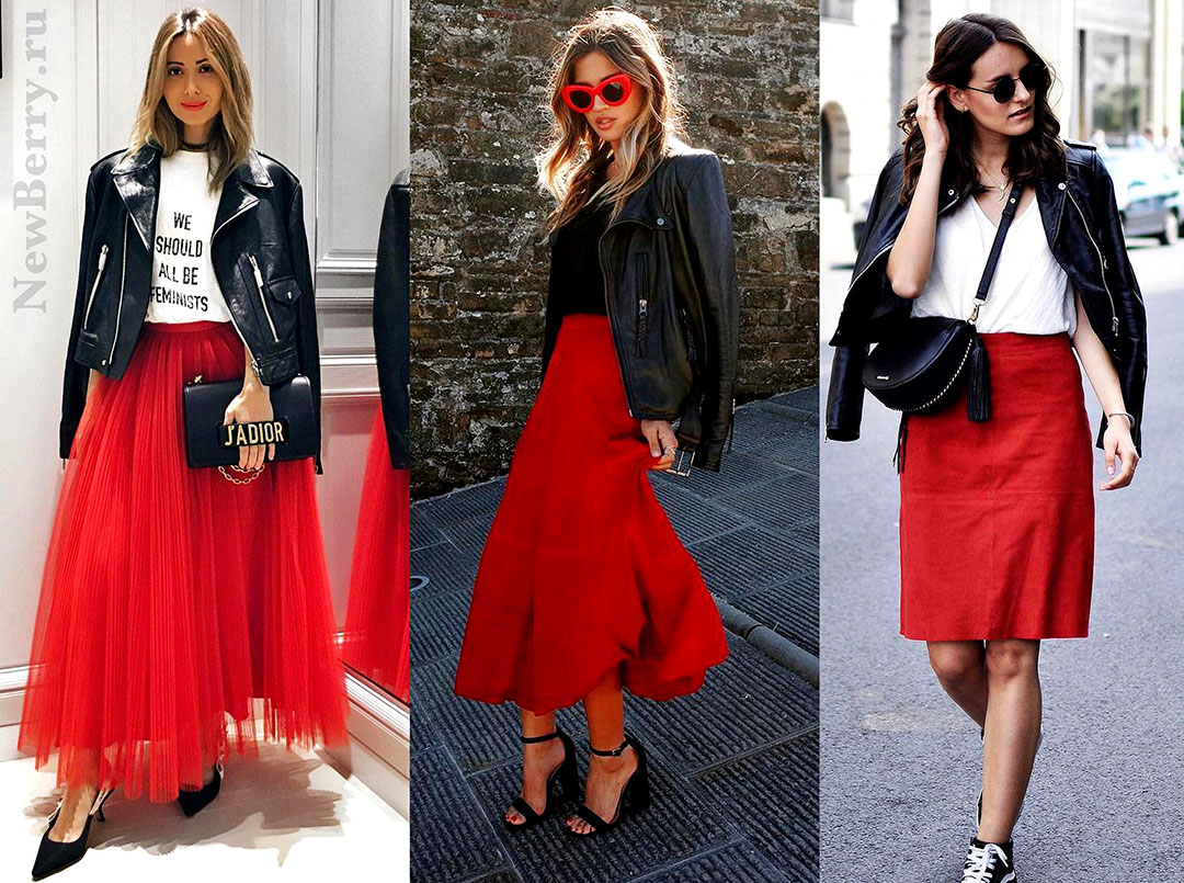 Красная юбка ниже колен с чем носить